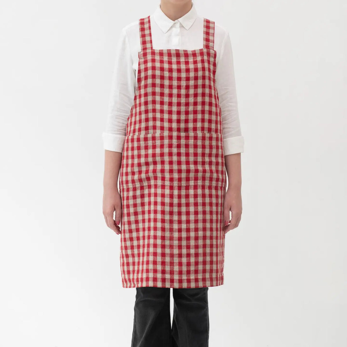 TKMK ORIGINAL LINEN APRON / WHITE×RED Linen Tales Cross-back Apron - Red Gingham Linen – niconeco zakkaya