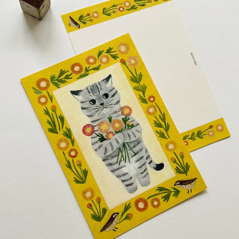 4 Legs Postcard - Striped Cat & Flowers