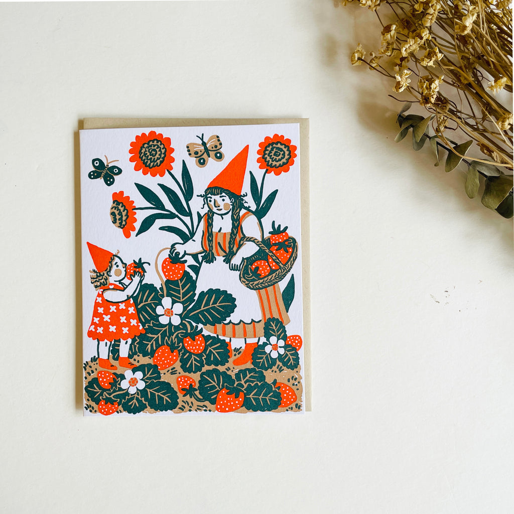 Egg Press Letterpess Card - Strawberry Picking