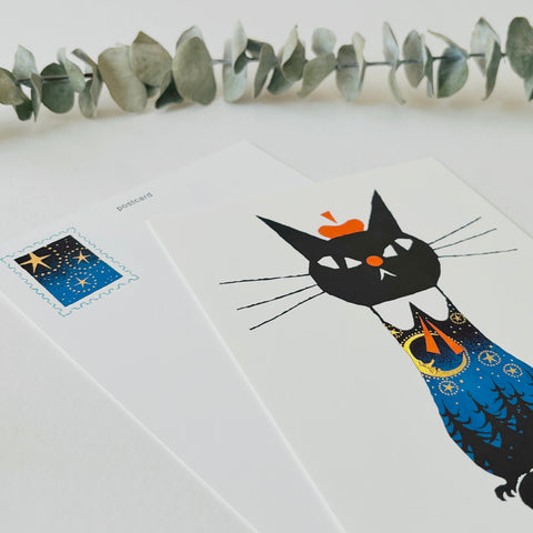 Robin The Black Cat Postcard - Night Forest