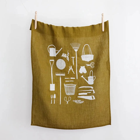 Brown Parcel Press Linen Tea Towel - Garden Tools (Olive)